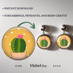 May include: Digital download featuring a cactus design for earrings, pendants, and resin crafts. The image shows a large round design with a cactus illustration, and two earrings with the same design. The text says "Instant Download".