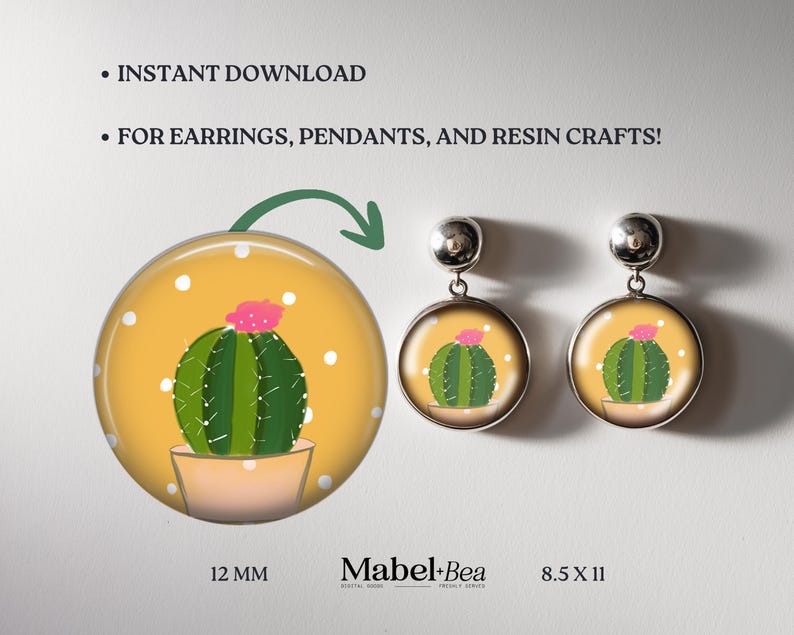 May include: Digital download featuring a cactus design for earrings, pendants, and resin crafts. The image shows a large round design with a cactus illustration, and two earrings with the same design. The text says "Instant Download".