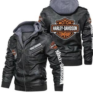 Harley Davidson Motorcycle Leather Jacket - Men&#39;s Black Hooded Genuine Leather