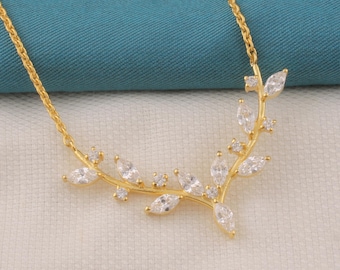 Gold Leaf Vine Necklace • CZ Crystal Branch Pendant • Elegant Bridal Jewelry • Dainty Brass Necklace