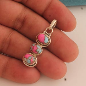 Three Stone Cotton Candy Turquoise Pendant, Silver Plated Vertical Pink & Blue Necklace