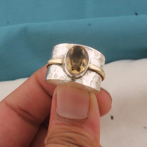 Citrine Silver Plated Fidget Ring: Hand Hammered Wide Band Boho Jewelry