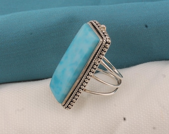 Handgjord silverpläterad Larimar-ring: Boho Statement-smycken