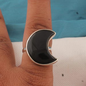 Black Onyx Crescent Moon Ring: Silver Plated Boho Witchy Jewelry