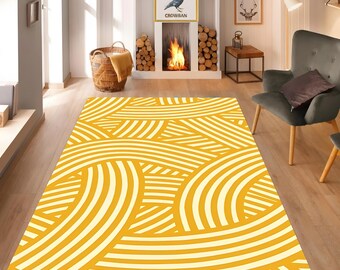 Yellow Geometric Washable Rug – Modern Minimal Printed Area Rug, Scandinavian Carpet