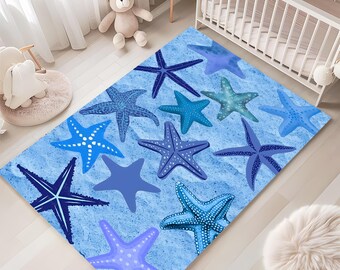 Starfish Kids Rug, Ocean Theme Rug, Coastal Nursery Decor, Sea Life Area Rug, Washable, Non Slip Playroom Rug