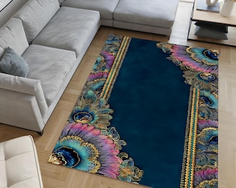 Teal Luxury Floral Washable Rug – Art Deco Style Printed Area Carpet