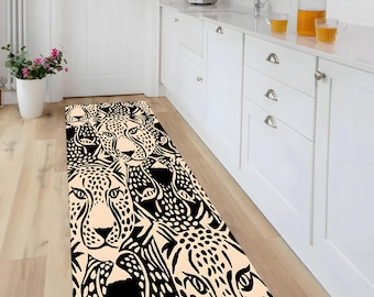 Cheetah Face Pattern Rug, Black and Beige Animal Print, Safari Decor, Washable, Non-Slip Mat