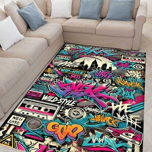 Abstract Graffiti Rug, 90s Street Art Style, Retro Cityscape Decor, Hip Hop Pop Culture, Unique Wall Art