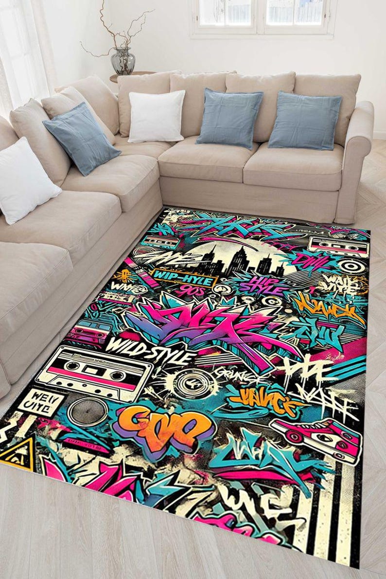 Abstract Graffiti Rug, 90s Street Art Style, Retro Cityscape Decor, Hip Hop Pop Culture, Unique Wall Art