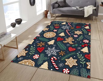 Christmas Gingerbread Man and Cookie Area Rug, Dark Blue Holiday Candy Cane Carpet, Festive Winter Treats Floor Mat, Xmas Sweet Decor