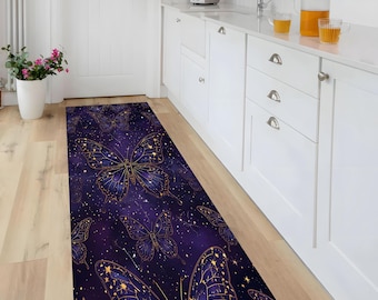 Celestial Butterfly Rug, Galaxy Moth Star Print, Purple Gold Boho Decor, Washable, Non-Slip