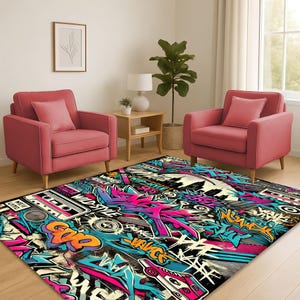 Abstract Graffiti Rug, 90s Street Art Style, Retro Cityscape Decor, Hip Hop Pop Culture, Unique Wall Art
