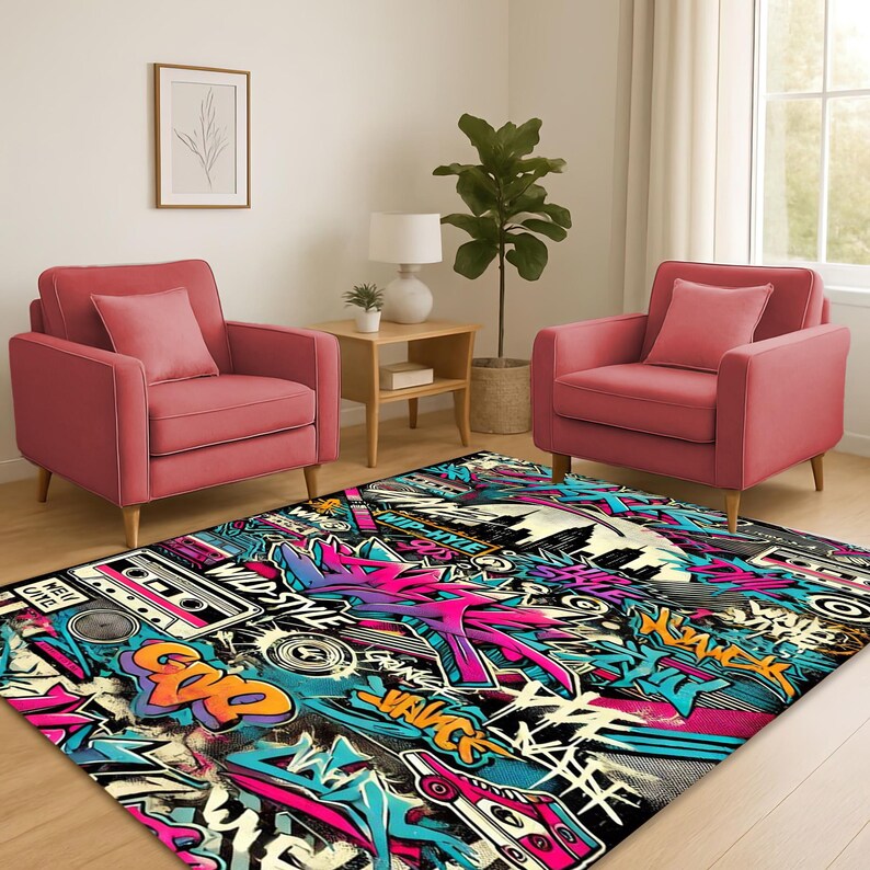 Abstract Graffiti Rug, 90s Street Art Style, Retro Cityscape Decor, Hip Hop Pop Culture, Unique Wall Art
