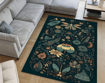Dark Botanical Area Rug – Moody Floral Washable Carpet