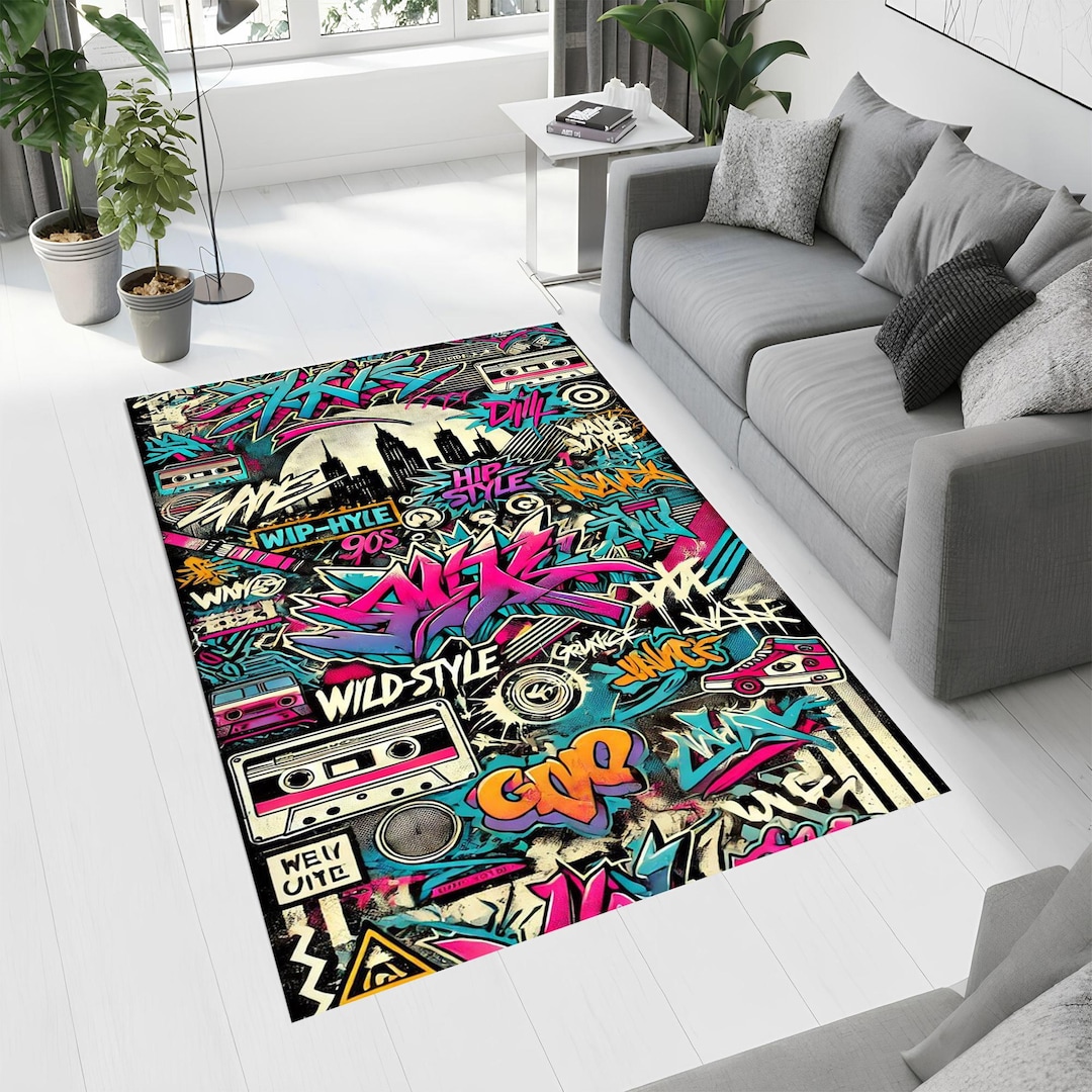 Abstract Graffiti Rug: 90s Street Art, Retro Cityscape - Etsy
