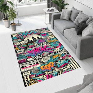 Tapis graffiti abstrait : art urbain des années 90, paysage urbain rétro