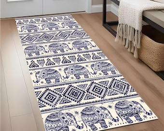 Boho Elephant Runner Rug: Ethnic Blue and Beige Hallway Carpet