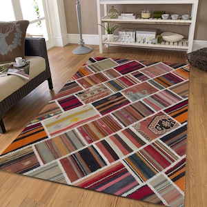 Patchwork Area Rug, Boho Kilim Rug, Vintage Turkish Carpet, Tribal Decor Rug, Washable, Non Slip, Living Room Rug