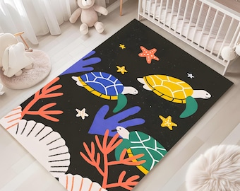Sea Turtle Chenille Rug, Ocean Coastal Decor, Kids Room Washable Non-Slip