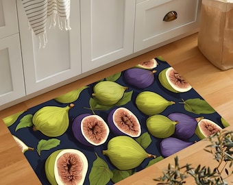 Fig Rug, Fruit Pattern, Foodie Decor, Kitchen Mat, Washable, Non-Slip