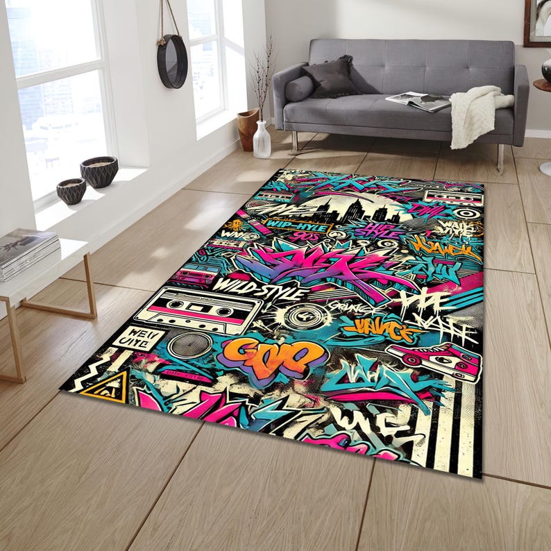 Abstract Graffiti Rug, 90s Street Art Style, Retro Cityscape Decor, Hip Hop Pop Culture, Unique Wall Art