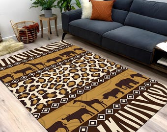 Alfombra de safari africana, estampado animal, cebra y leopardo, decoración salvaje, lavable, antideslizante
