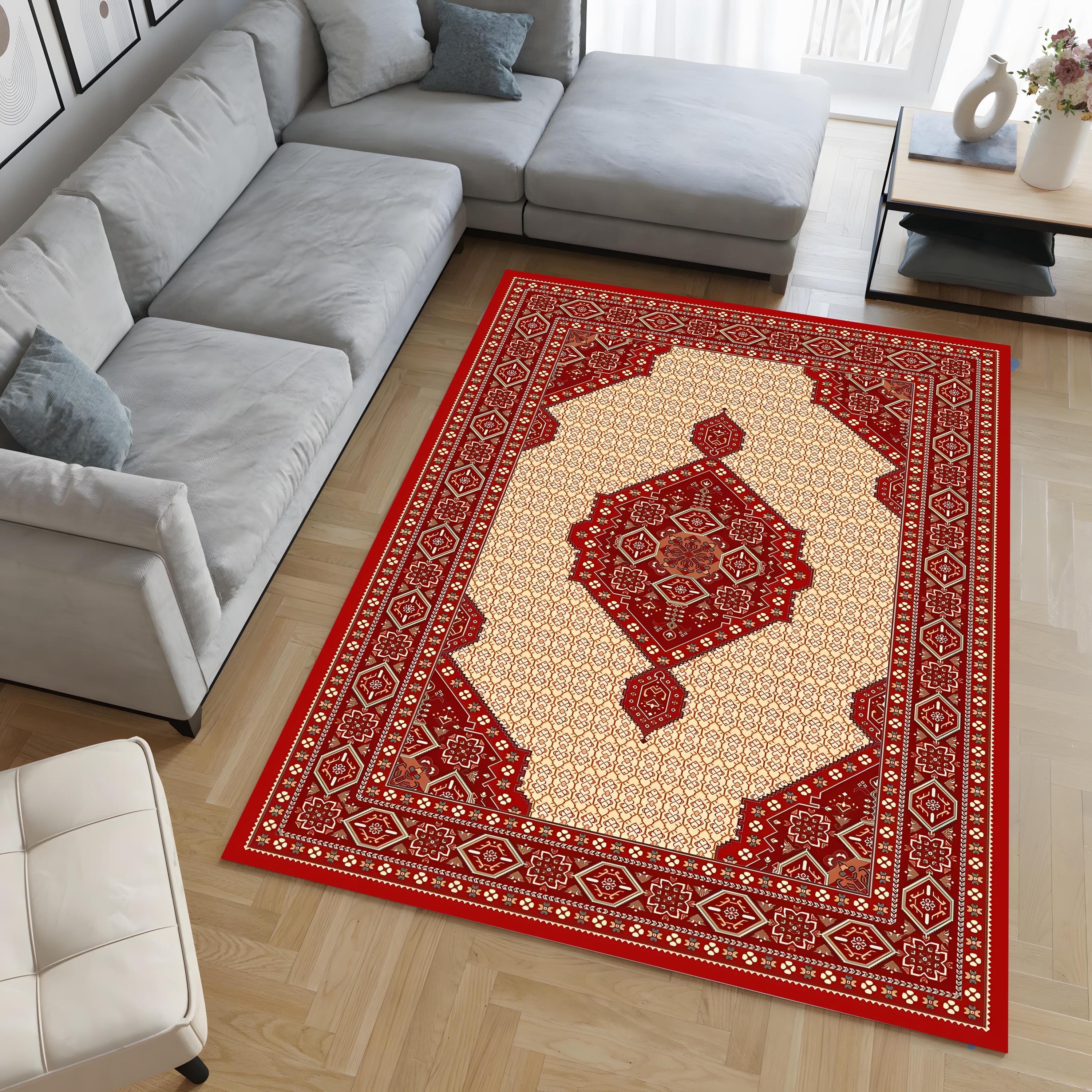 Red Turkish Printed Rug, Vintage Tribal Area Carpet for Living