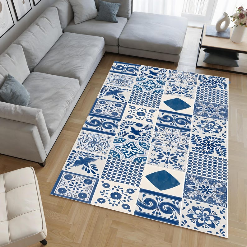 Ceramic Tile Rugs Blue Tile Pattern Rug, Mediterranean Ceramic Azulejo Carpet, Boho ...