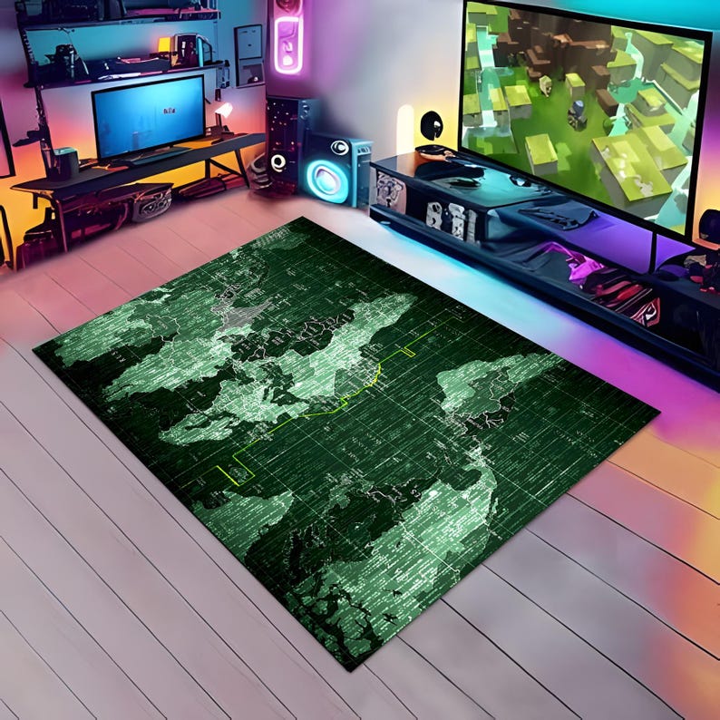 Technology Rug Cyber World Map Rug, Gaming Room Tech Decor - Etsy