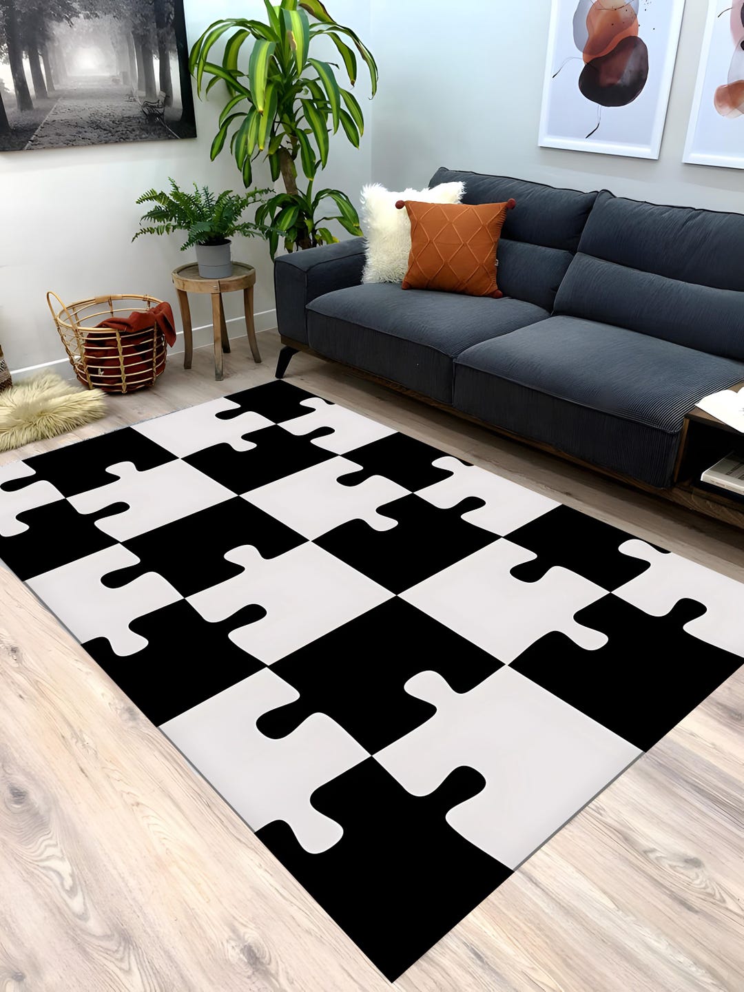 Modern Puzzle Rug Puzzle Rug: Black and White Boho Living Room Decor - Etsy