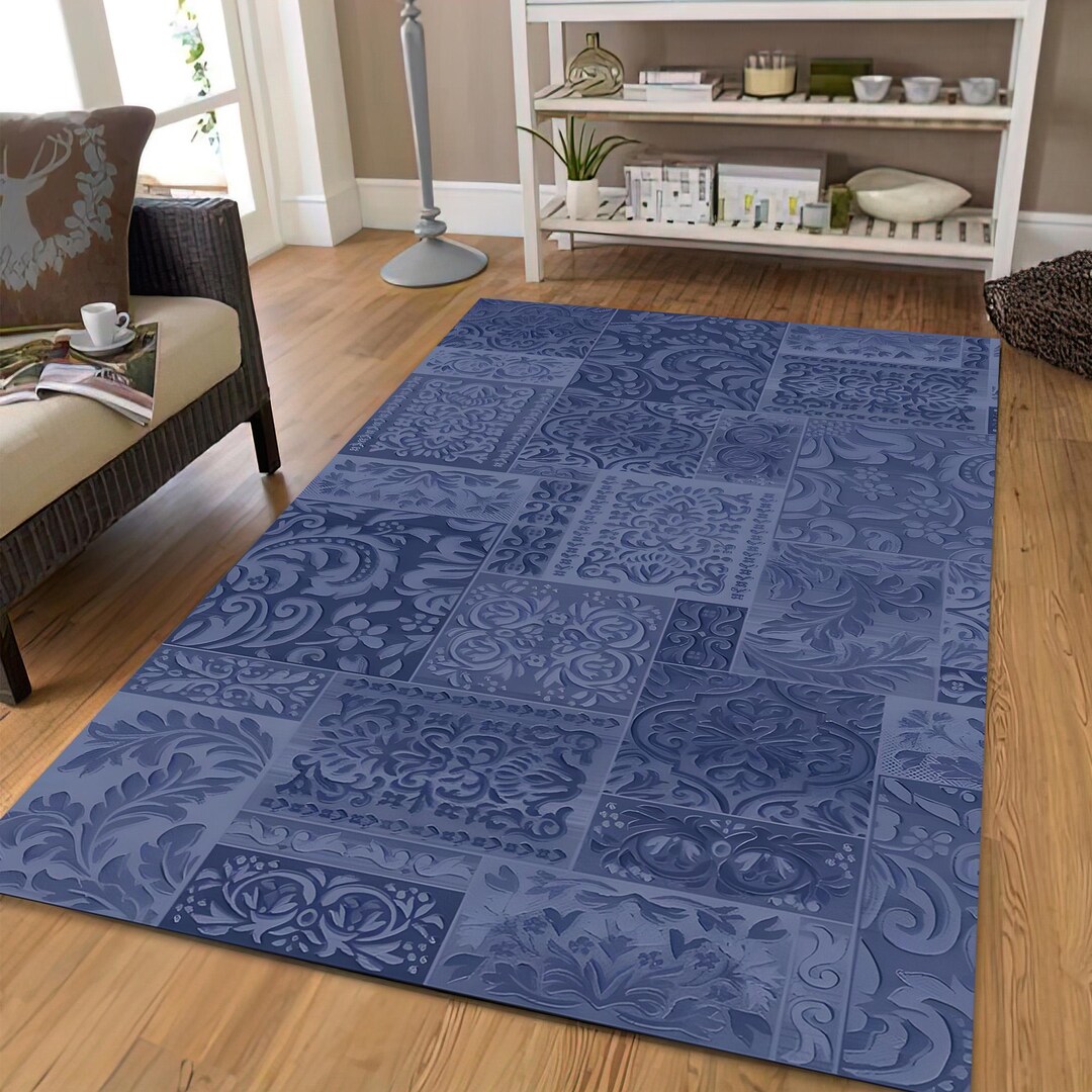 Tile Mat Rug Blue Embossed Tile Rug, Vintage Pattern Carpet, Monochrome Decorative ...