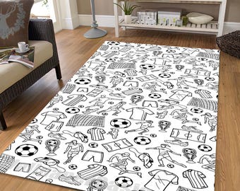 Alfombra con diseño de balón de fútbol en blanco y negro: decoración antideslizante para salas de juegos deportivas.
