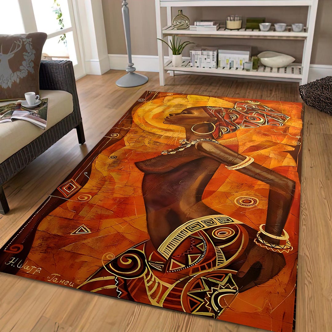 African Woman Art Rug: Bohemian Tribal Decor, Washable Non-slip - Etsy