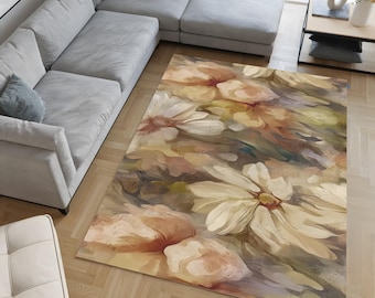 Neutral Floral Washable Rug – Vintage Style Printed Area Carpet