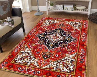 Red Oriental Washable Rug – Traditional Persian Style Printed Area Carpet
