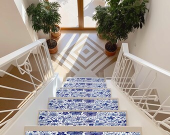 Blaue und weiße Blumen-Treppenstufen, Blumen-Treppenteppiche im Porzellan-Stil, elegantes marineblau-botanisches Treppenläufer-Set, waschbares Dekor 9 x 29,5 Zoll