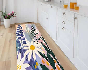 Abstract Floral Art Rug, Pastel Daisy Wildflower Print, Modern Botanical Decor, Washable, Non-Slip