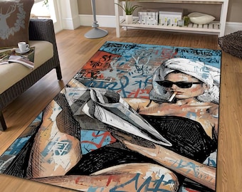 Graffiti Street Art Chenille Rug, Urban Fashion Decor, Modern Room, Washable Non-Slip