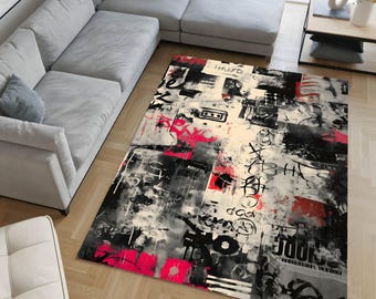 Abstract Graffiti Chenille Rug, Modern Street Art Carpet, Washable Non Slip Home Decor