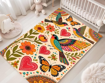 Bird Rug, Floral Rug, Butterfly Decor, Boho Kids Room, Nature Rug, Washable, Non Slip