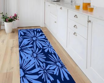 Monochromatic Blue Flower Rug, Abstract Daisy Pattern, Navy and Indigo Decor, Washable, Non-Slip