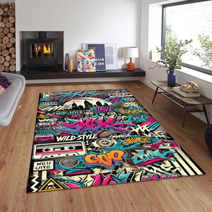 Abstract Graffiti Rug, 90s Street Art Style, Retro Cityscape Decor, Hip Hop Pop Culture, Unique Wall Art