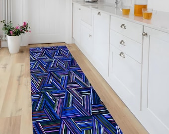 Geometric Blue Abstract Rug, Modern Woven Triangle Pattern, Dark Boho Decor, Washable, Non-Slip