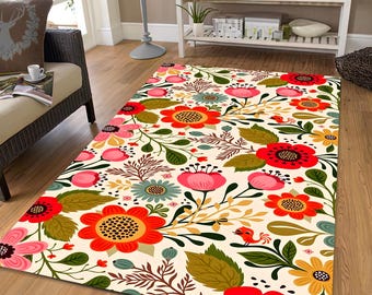 Floral Area Rug: Colorful Boho Flower Pattern, Soft Accent Carpet