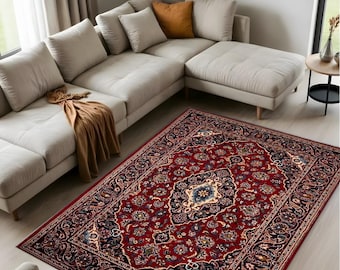 Red Persian Area Rug, Traditional Medallion, Vintage Floor Decor