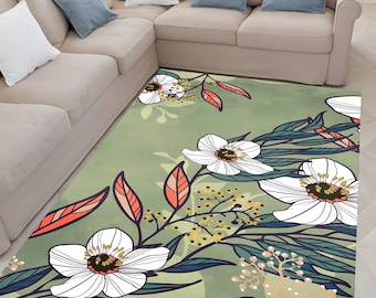 Sage Green Floral Rug, Botanical Area Mat, Wildflower Decor, Modern Farmhouse Carpet, Washable, Non-Slip