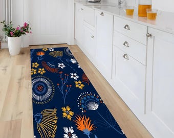 Navy Floral Rug, Abstract Flowers, Boho Decor, Modern Botanical, Washable, Non-Slip