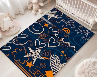 Abstract Rug, Doodle Rug, Modern Kids Room, Teen Room Decor, Artsy Rug, Washable, Non Slip