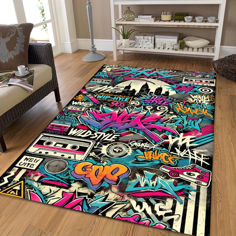 Abstract Graffiti Rug, 90s Street Art Style, Retro Cityscape Decor, Hip Hop Pop Culture, Unique Wall Art